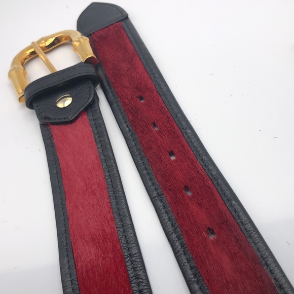 Calf hair (red color) belt.  Black leather. Gold tone buckle. Waist 38”/42” - Picture 7 of 8